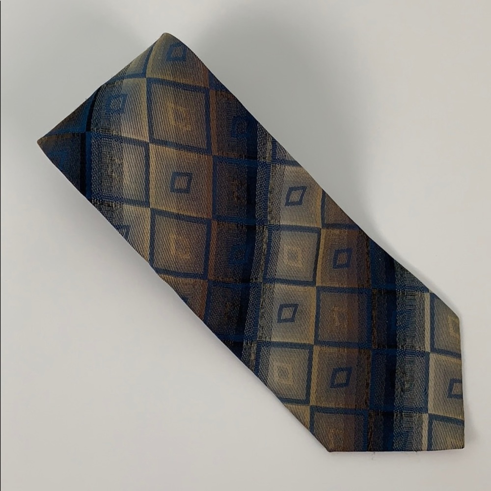 Serica Brown Blue Geometric Print Silk Tie 20PE